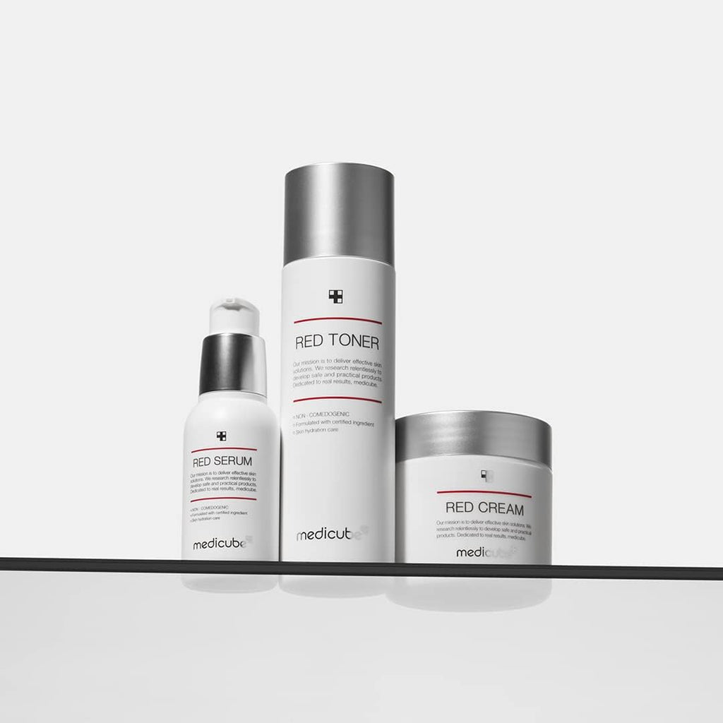 Medicube Red Toner 2.0 — Gentle acne-care toner for acne-prone skin. Helps soothe, control oil, and minimize pores with BHA, Niacinamide, and Adenosine.