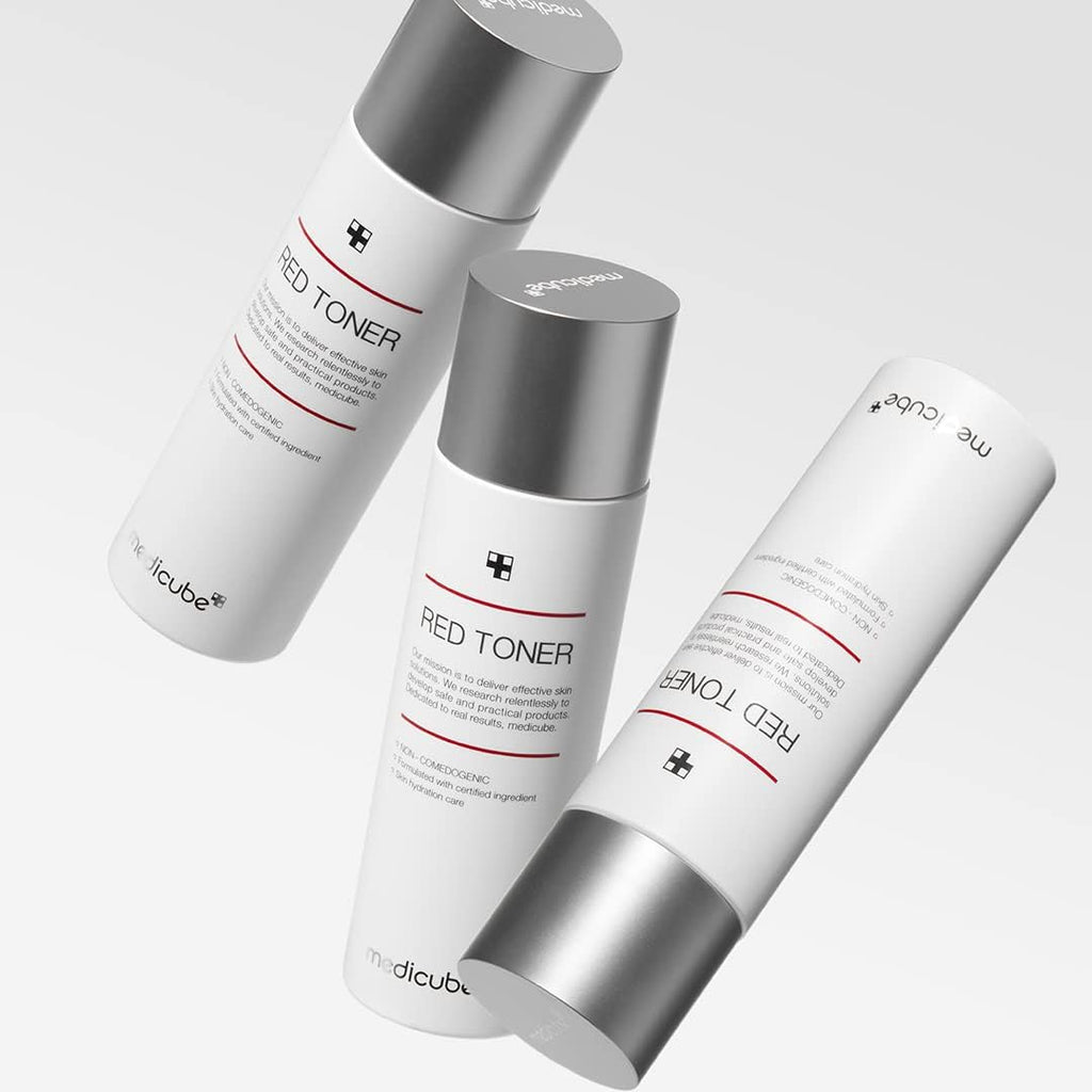 Medicube Red Toner 2.0 — Gentle acne-care toner for acne-prone skin. Helps soothe, control oil, and minimize pores with BHA, Niacinamide, and Adenosine.