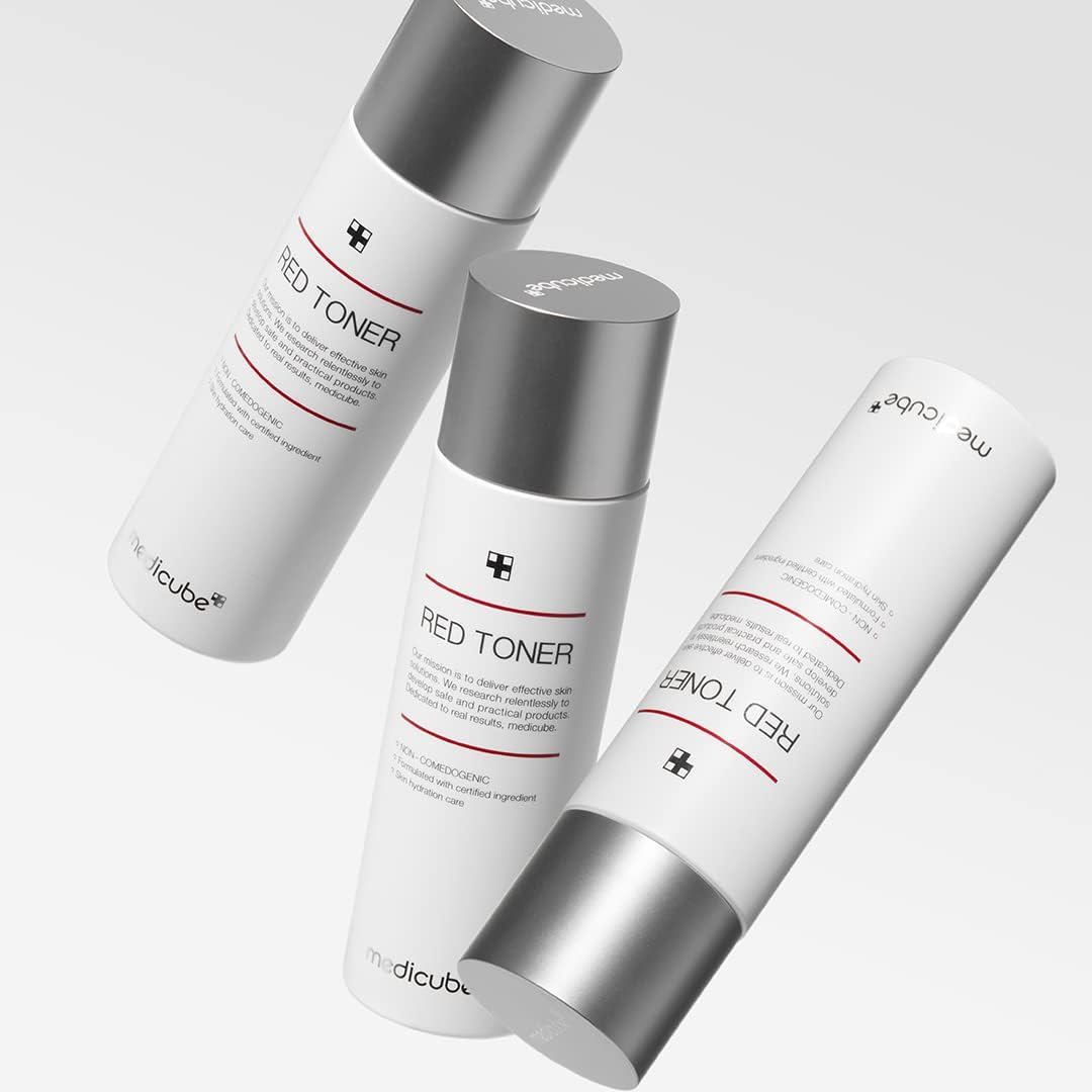 Medicube Red Toner 2.0 — Gentle acne-care toner for acne-prone skin. Helps soothe, control oil, and minimize pores with BHA, Niacinamide, and Adenosine.