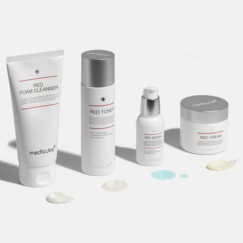 Medicube Red Toner 2.0 — Gentle acne-care toner for acne-prone skin. Helps soothe, control oil, and minimize pores with BHA, Niacinamide, and Adenosine.
