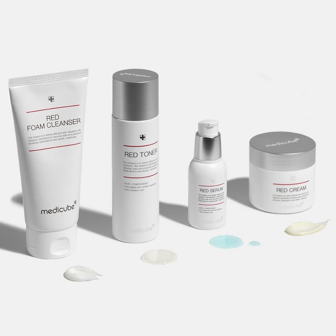 Medicube Red Toner 2.0 — Gentle acne-care toner for acne-prone skin. Helps soothe, control oil, and minimize pores with BHA, Niacinamide, and Adenosine.