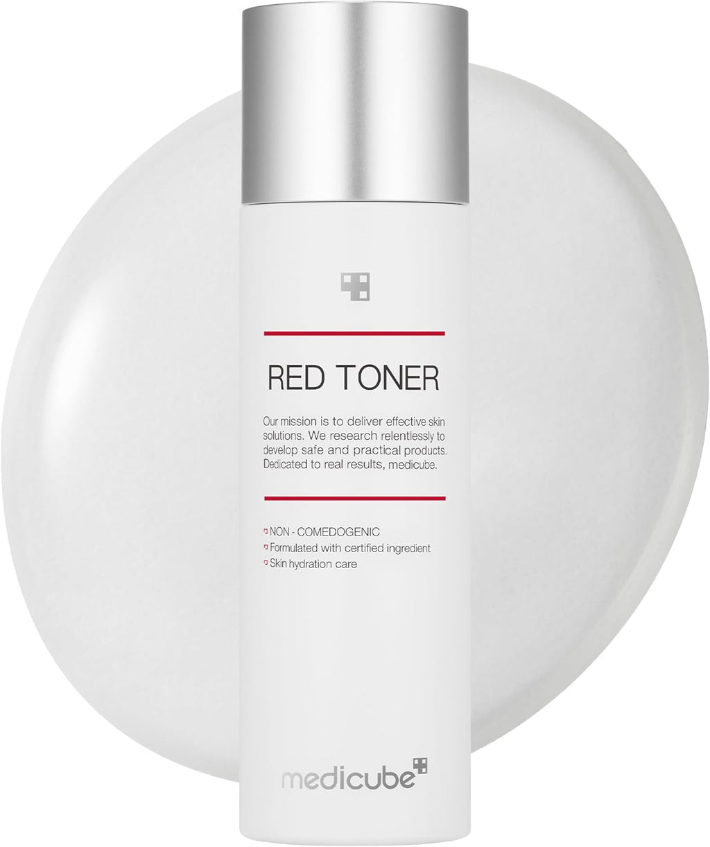 Medicube Red Toner 2.0 — Gentle acne-care toner for acne-prone skin. Helps soothe, control oil, and minimize pores with BHA, Niacinamide, and Adenosine.