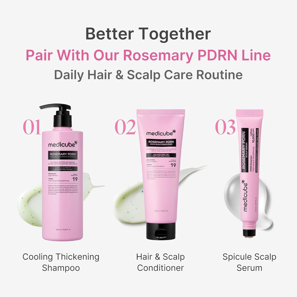 Medicube Rosemary PDRN Shampoo — Korean shampoo for thinning, weak, and flaky hair. Helps strengthen, thicken, and refresh the scalp with rosemary and amino acids.