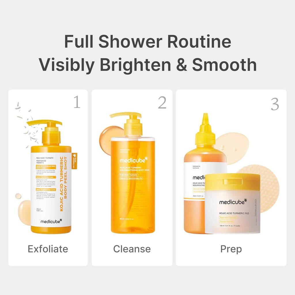 Medicube Kojic Acid Turmeric Brightening Body Wash – Gentle Exfoliating Shower Gel for Uneven Skin Tone | Niacinamide, Vitamin C & AHA/BHA | Deep Cleansing & Hydrating Formula | Korean Skincare | 13.52 fl.oz