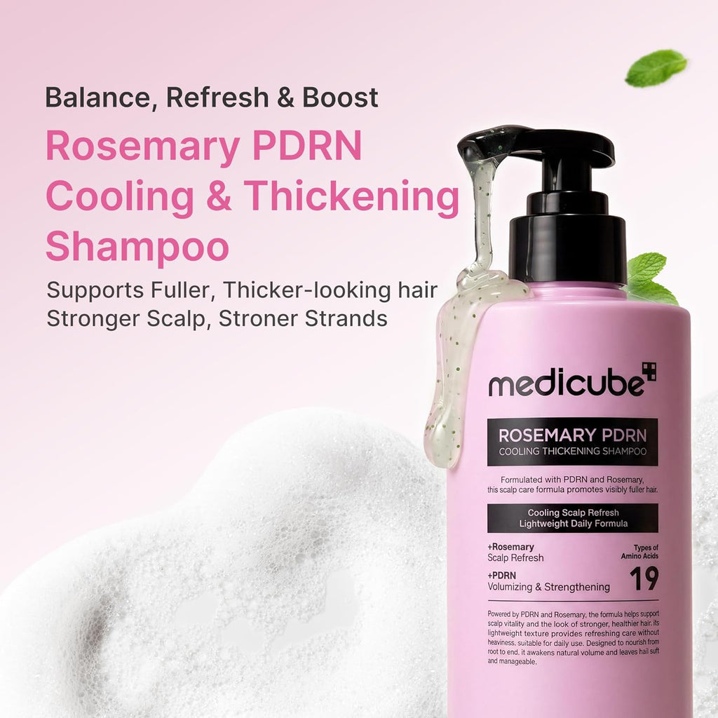 Medicube Rosemary PDRN Shampoo — Korean shampoo for thinning, weak, and flaky hair. Helps strengthen, thicken, and refresh the scalp with rosemary and amino acids.