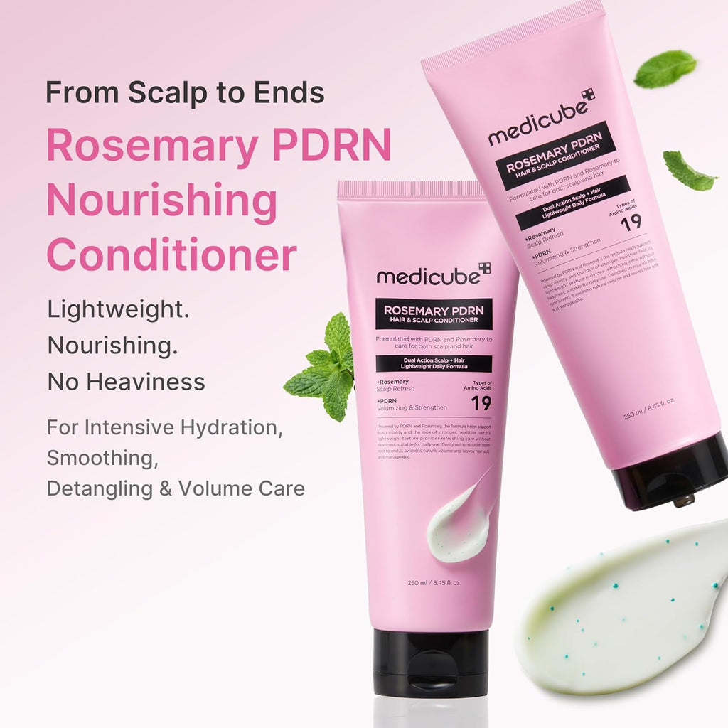 Medicube Rosemary PDRN Conditioner – lightweight conditioner for dry, fine, and weak-looking hair. Helps strengthen and soften hair with amino acids and Korean hair care technology.