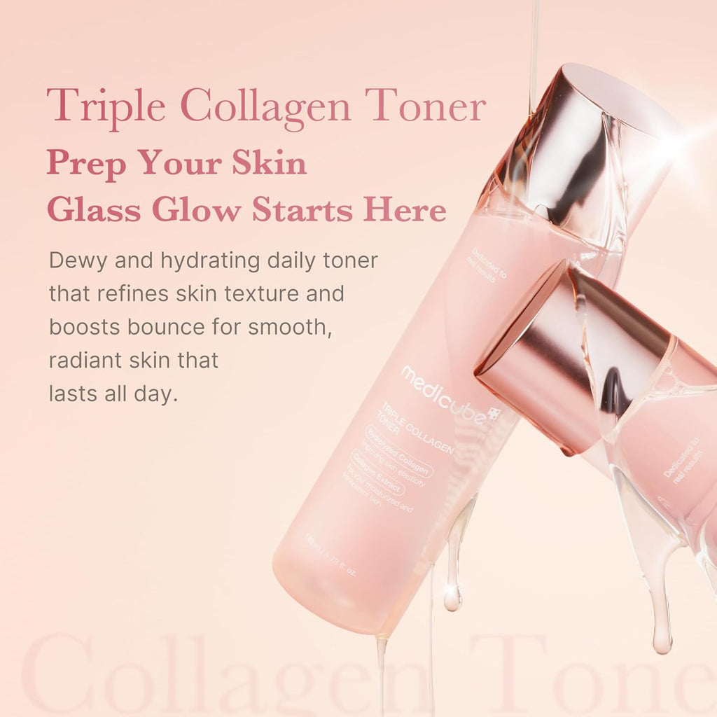 Medicube Triple Collagen Toner — Korean skincare toner with 3 types of collagen for deep hydration, glowing and plumper-looking skin. Lightweight, fast-absorbing, and perfect for daily use