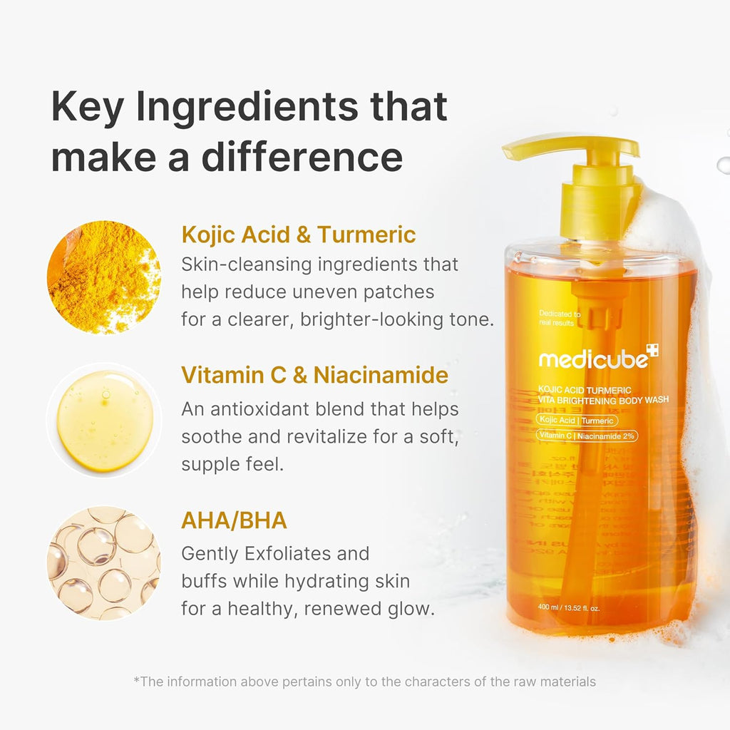 Medicube Kojic Acid Turmeric Brightening Body Wash – Gentle Exfoliating Shower Gel for Uneven Skin Tone | Niacinamide, Vitamin C & AHA/BHA | Deep Cleansing & Hydrating Formula | Korean Skincare | 13.52 fl.oz
