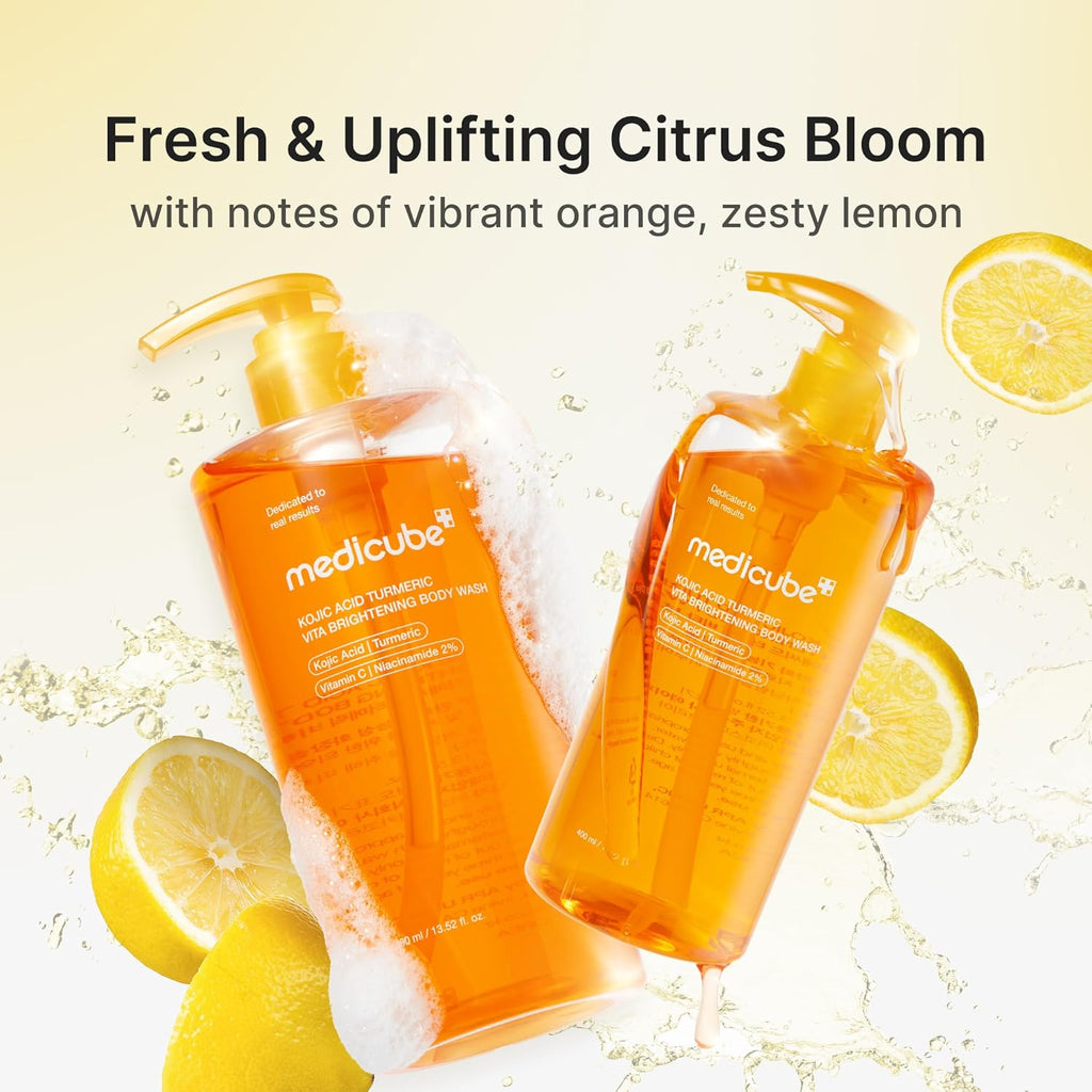 Medicube Kojic Acid Turmeric Brightening Body Wash – Gentle Exfoliating Shower Gel for Uneven Skin Tone | Niacinamide, Vitamin C & AHA/BHA | Deep Cleansing & Hydrating Formula | Korean Skincare | 13.52 fl.oz